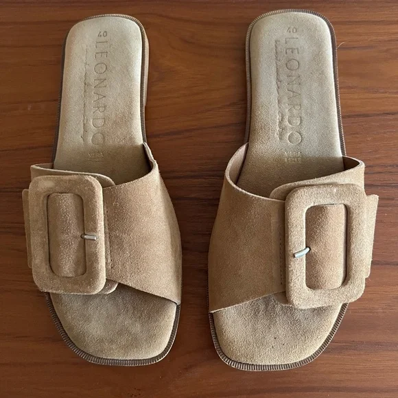 Tan Suede Slide Sandals From Italy - Picture 2 of 5